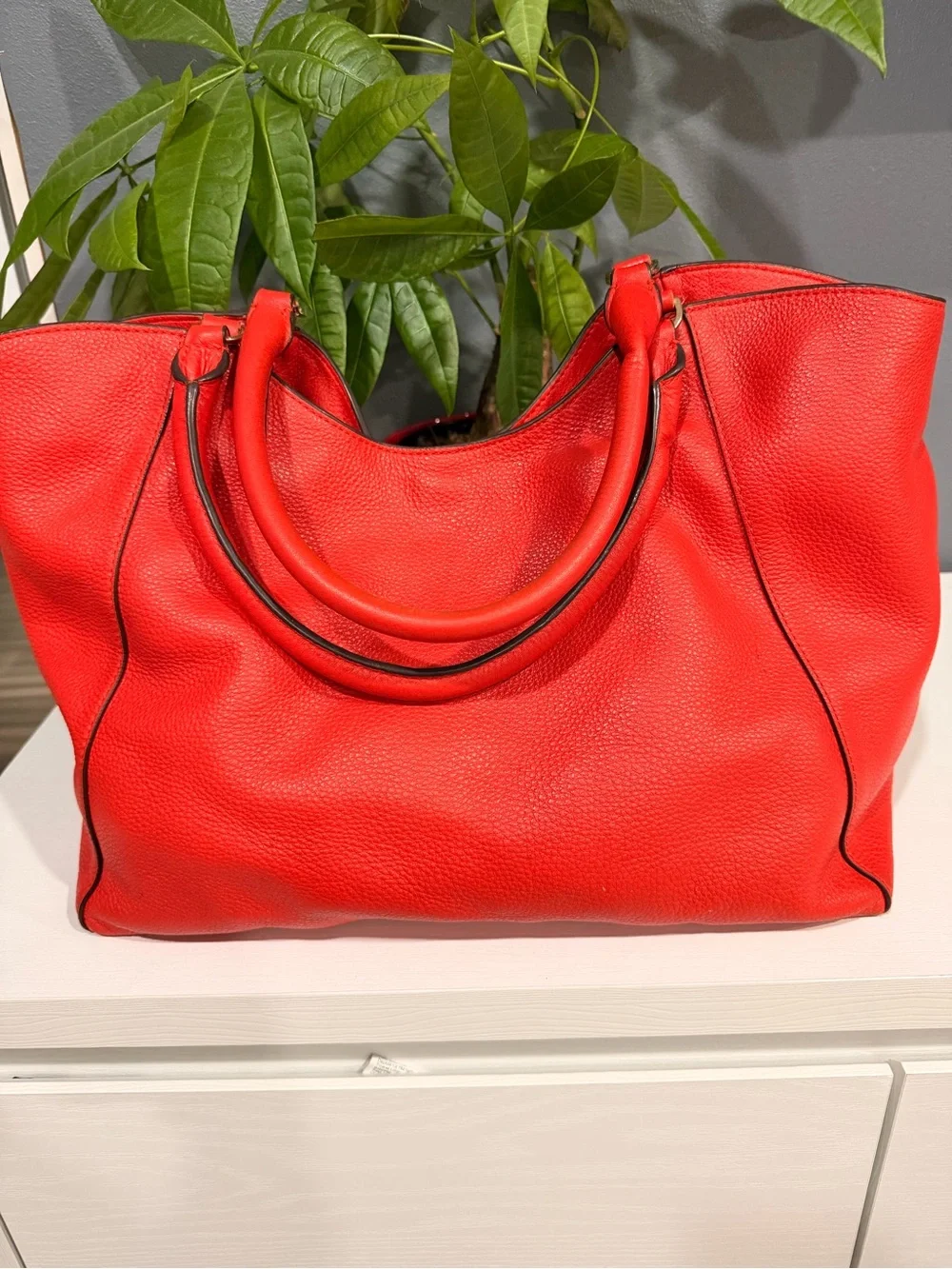 Tory Burch Bright Dark Red Pebbled Leather Tote